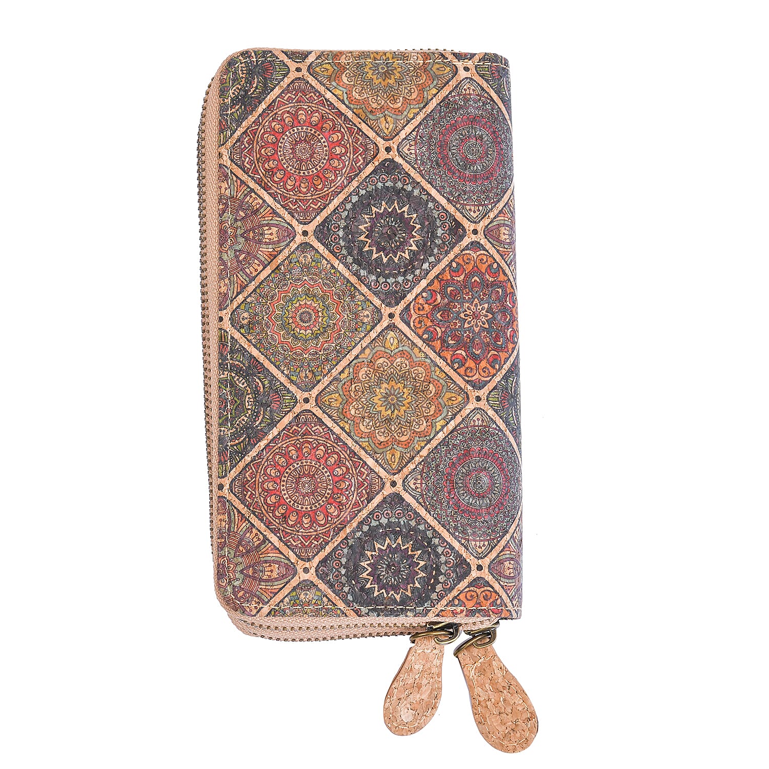 HONG KONG CLOSEOUT Khaki and Tribal Pattern Two Zipper Cork Wallet (7.5"x3.9"x1.5'')