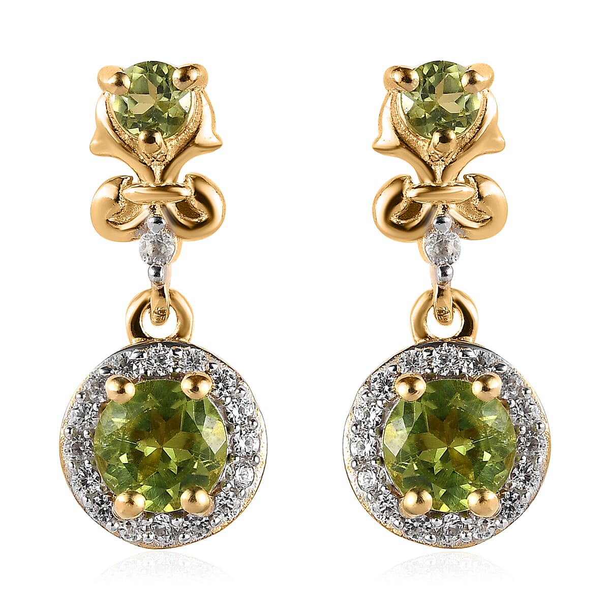 Arizona Peridot and White Zircon Dangle Earrings in Vermeil Yellow Gold Over Sterling Silver 1.90 ctw