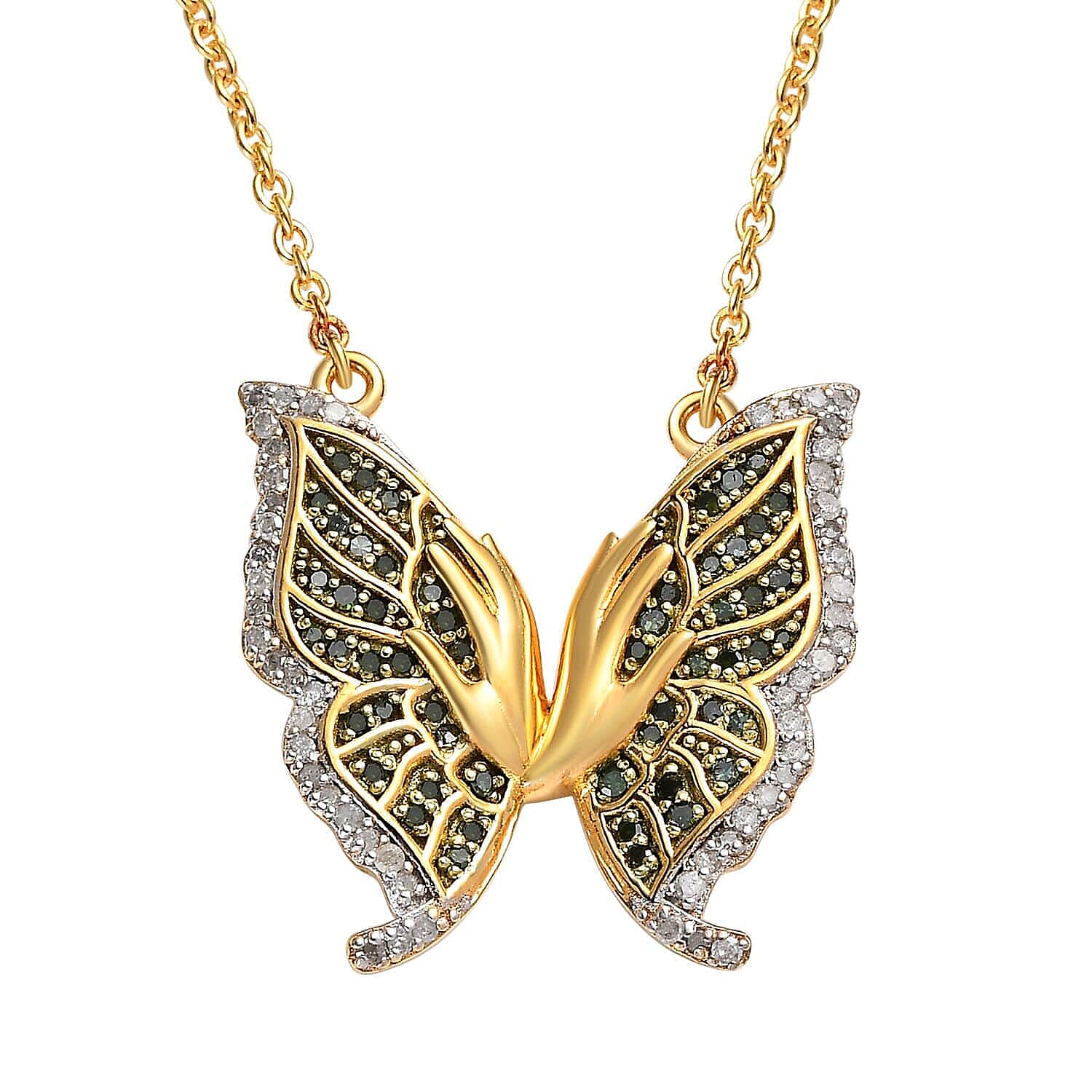 GP Italian Garden Collection Green and White Diamond Butterfly Necklace 20 Inches in Vermeil Yellow Gold Over Sterling Silver 0.50 ctw