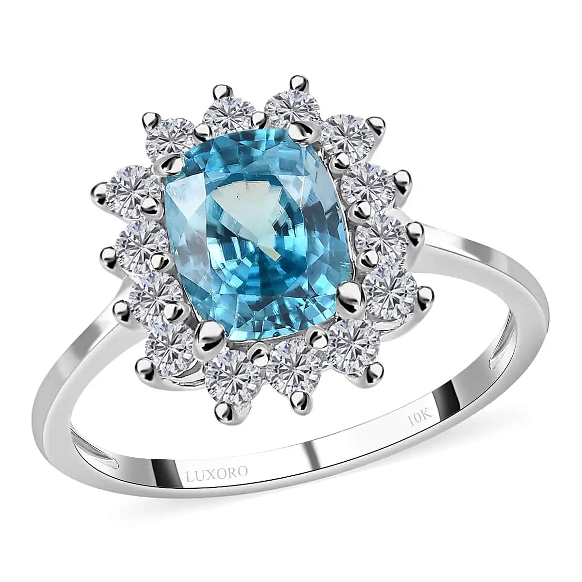 Luxoro 10K White Gold Premium Cambodian Blue Zircon and Moissanite Sunburst Ring (Size 10.0) 4.25 ctw