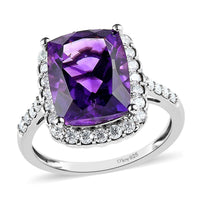 Premium Moroccan Amethyst and Moissanite Halo Ring in Platinum Over Sterling Silver 4.75 ctw