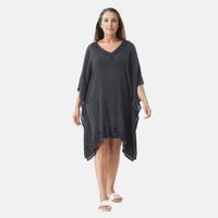 Tamsy Black Neck and Bottom Embroidery Kaftan - One Size Fits Most