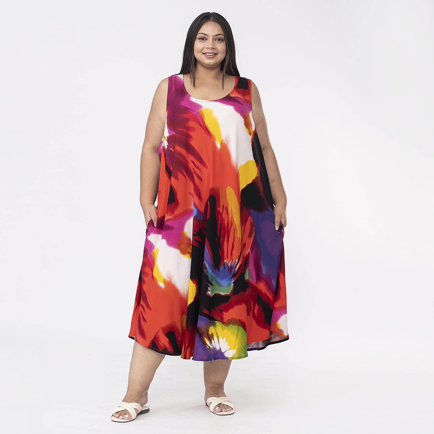 Tamsy Red with Multi Water Color Printed 100% Rayon Dress - One Size Missy