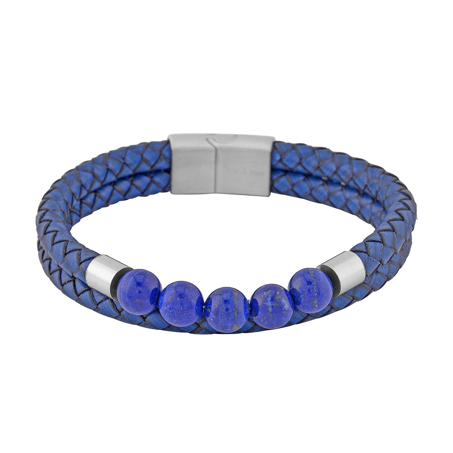Lapis Lazuli Faux Leather Cord 2 Row Men's Bracelet in Stainless Steel (8.50 In) 3.00 ctw