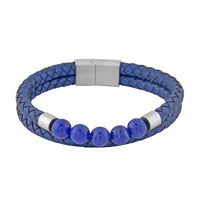Lapis Lazuli Faux Leather Cord 2 Row Men's Bracelet in Stainless Steel (8.50 In) 3.00 ctw