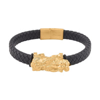 Black Faux Leather Cord Pixiu Men's Bracelet in ION Plated YG Stainless Steel (8.50 In)