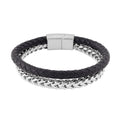 Black Faux Leather Cord Wristband Men's Bracelet in Stainless Steel (8.50 In) - Sticky add to cart bar