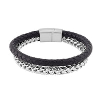 Black Faux Leather Cord Wristband Men's Bracelet in Stainless Steel (8.50 In)