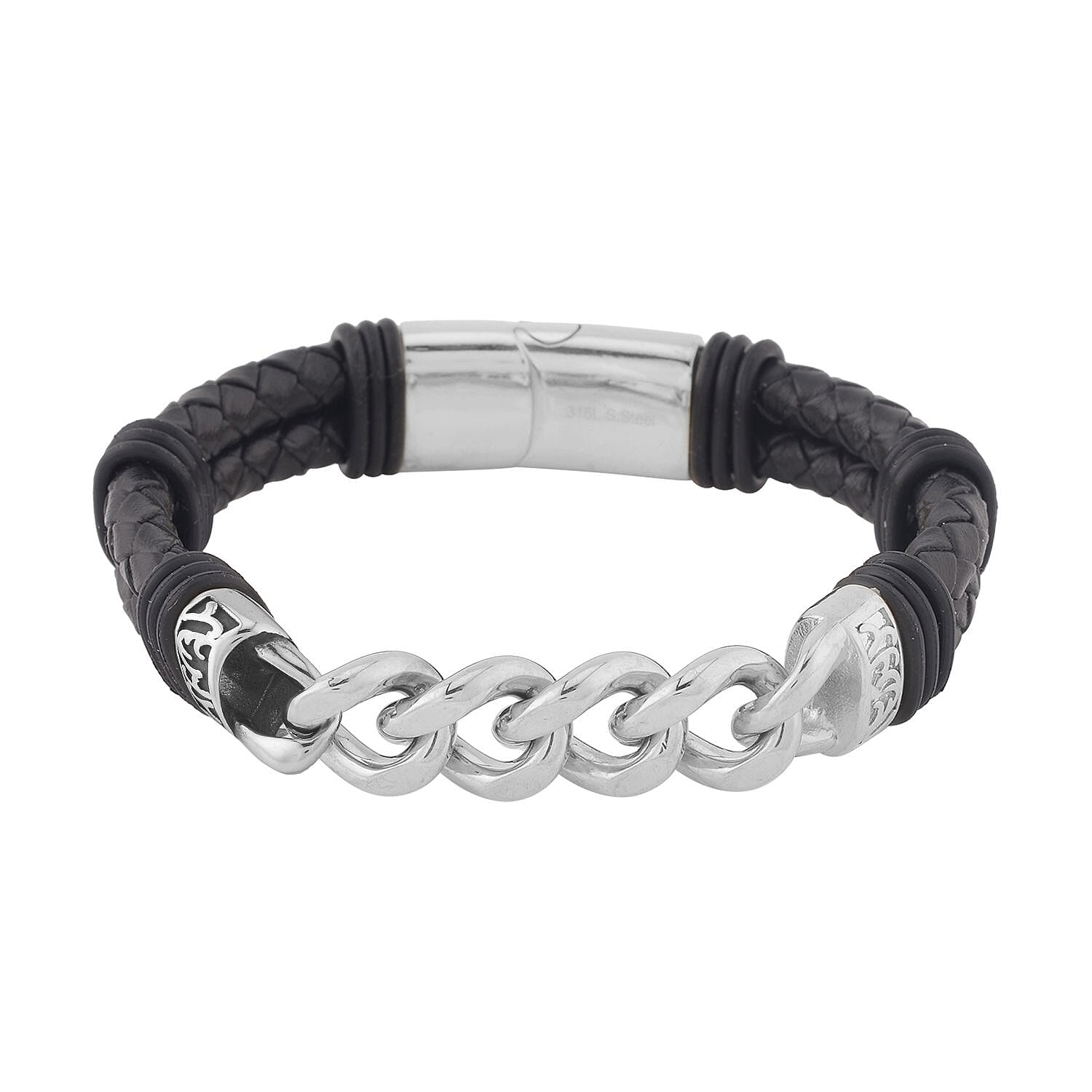 Faux Leather Cord Link Chain Men's Bracelet in Stainless Steel (8.50 In)