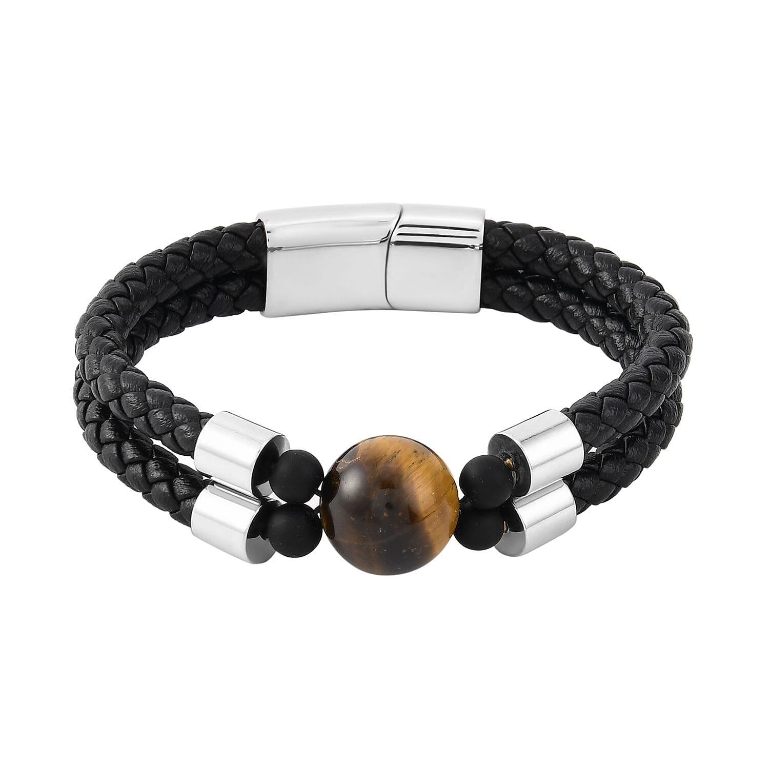 Yellow Tiger's Eye and Leather Braided Men's Bracelet in Stainless Steel (8.00 In) 35.00 ctw