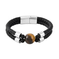 Yellow Tiger's Eye and Leather Braided Men's Bracelet in Stainless Steel (8.00 In) 35.00 ctw - Sticky add to cart bar