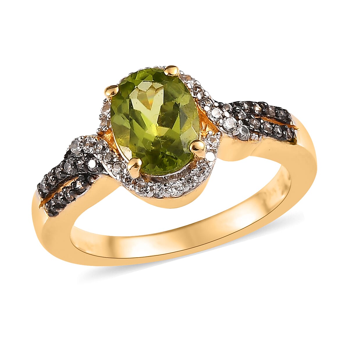 American Natural Arizona Peridot, Natural Champagne and White Zircon Split Shank Ring in Vermeil Yellow Gold Over Sterling Silver 1.85 ctw