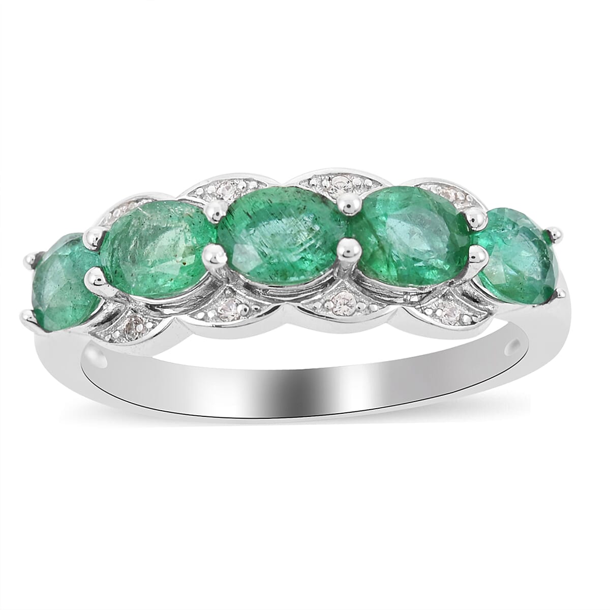AAA Kagem Zambian Intense Green Emerald, Natural White Zircon Line Ring in Rhodium Over Sterling Silver (Size 6.0) 1.75 ctw