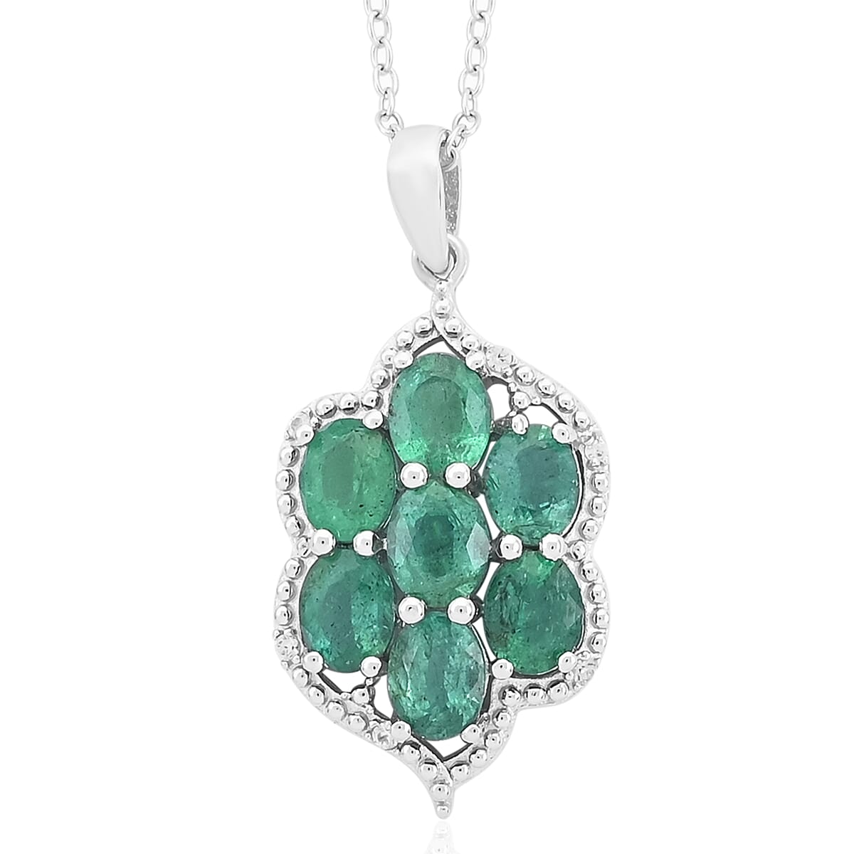 AAA Kagem Emerald and White Zircon Pendant Necklace 18 Inches in Rhodium Over Sterling Silver 2.40 ctw