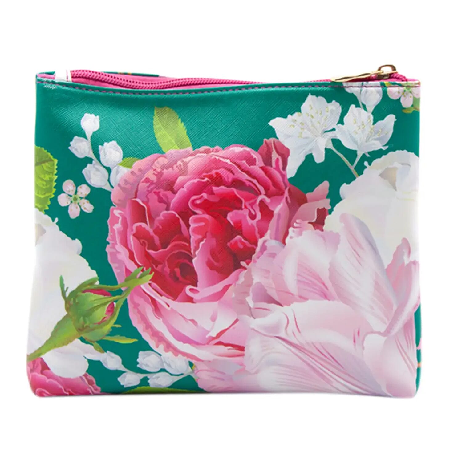 Teal and Pink Floral Canvas Cosmetic Bag , Women's Makeup Bag , Makeup Pouch , Travel Makeup Bag