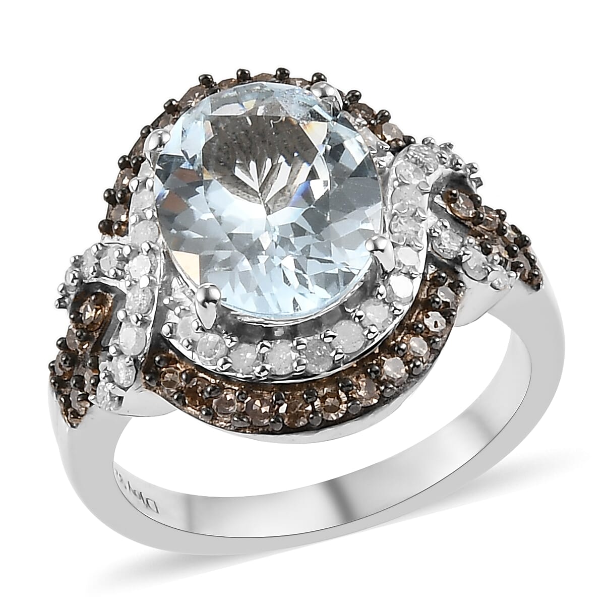 Espirito Santo Aquamarine, Natural Champagne and White Diamond Ring in Rhodium and Platinum Over Sterling Silver (Size 10.0) 2.75 ctw