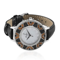 Genoa Jalisco Fire Opal, Thai Black Spinel Miyota Japanese Movement Watch with Black Leather Strap (26 mm) 2.25 ctw , Leather Watch , Women Watch , Quartz Watch , Ladies Watch