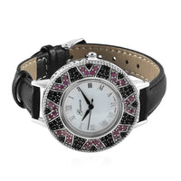 GENOA Natural Chrome Diopside, Natural Thai Black Spinel Miyota Japanese Movement Watch with Black Leather Strap (26 mm) 2.25 ctw