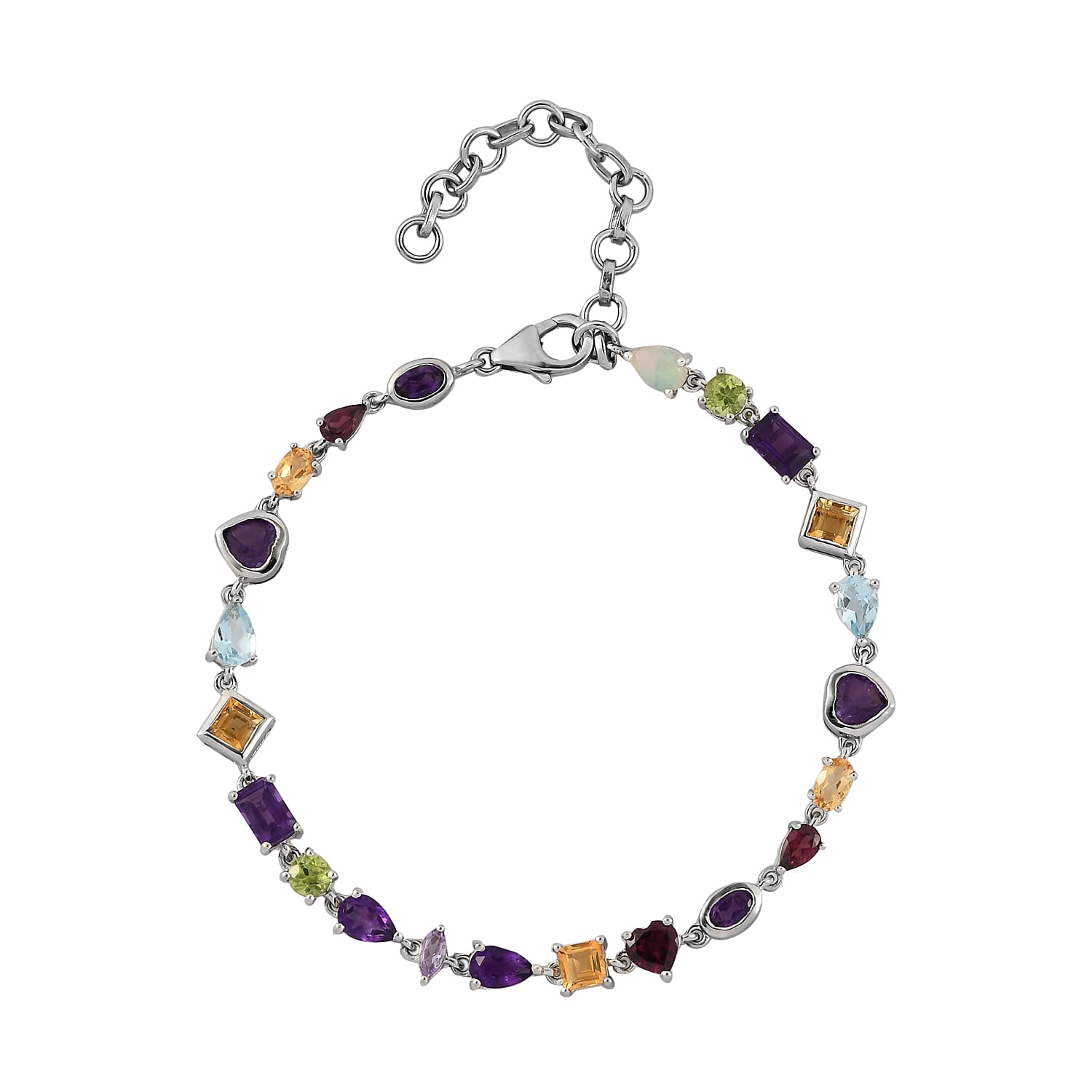 Multi Gemstone Mixed Shapes and Heart Station Bracelet in Platinum Over Sterling Silver (7.25 In) 7.90 ctw