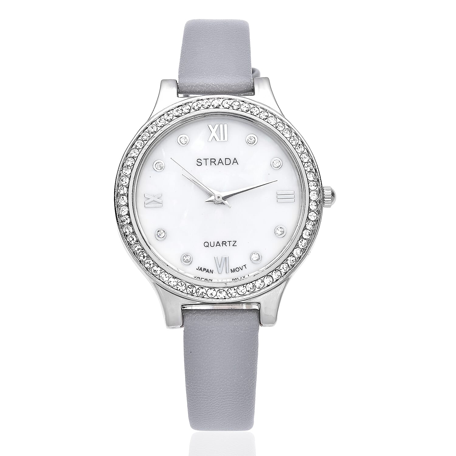 STRADA Austrian Crystal Japanese Movement Watch with Gray Faux Leather Strap