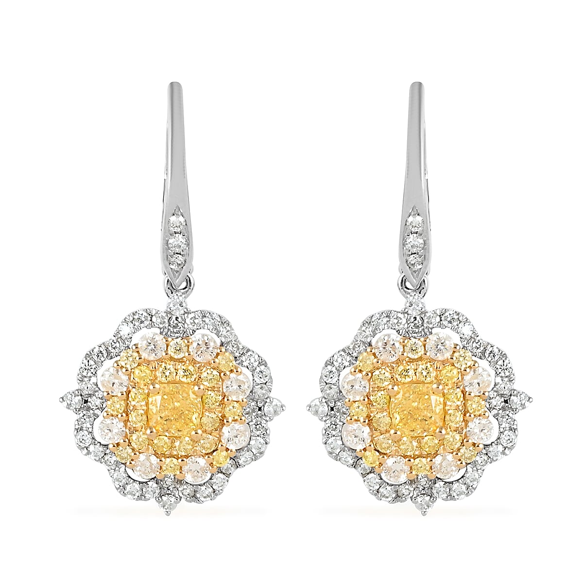 14K White Gold Natural Yellow and White Diamond Floral Earrings 4.50 Grams 1.85 ctw