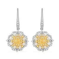 14K White Gold Natural Yellow and White Diamond Floral Earrings 4.50 Grams 1.85 ctw