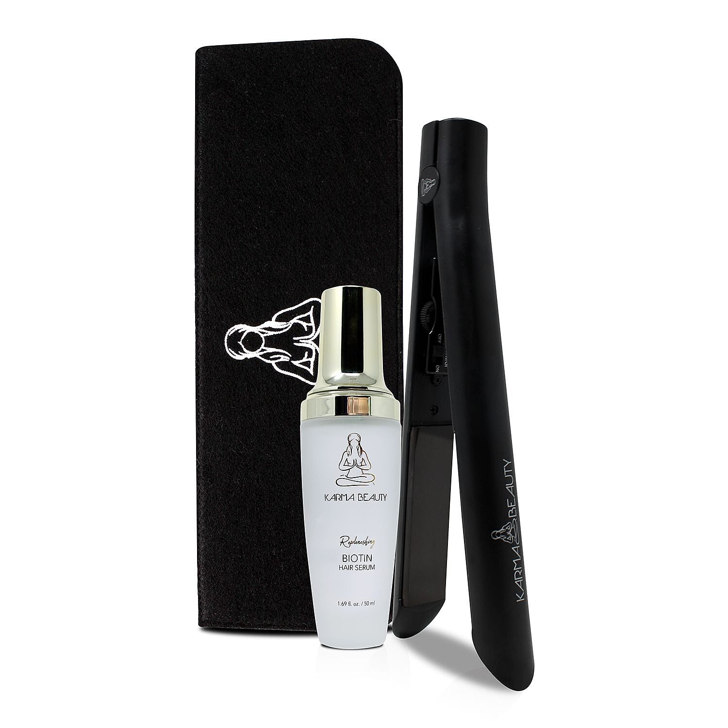 Karma Beauty Special- Supreme Ceramic 2.0 Flat Iron (Black) with Biotin Hair Serum and Heat Resistant Mat Bundle (Ships in 12-14 days)