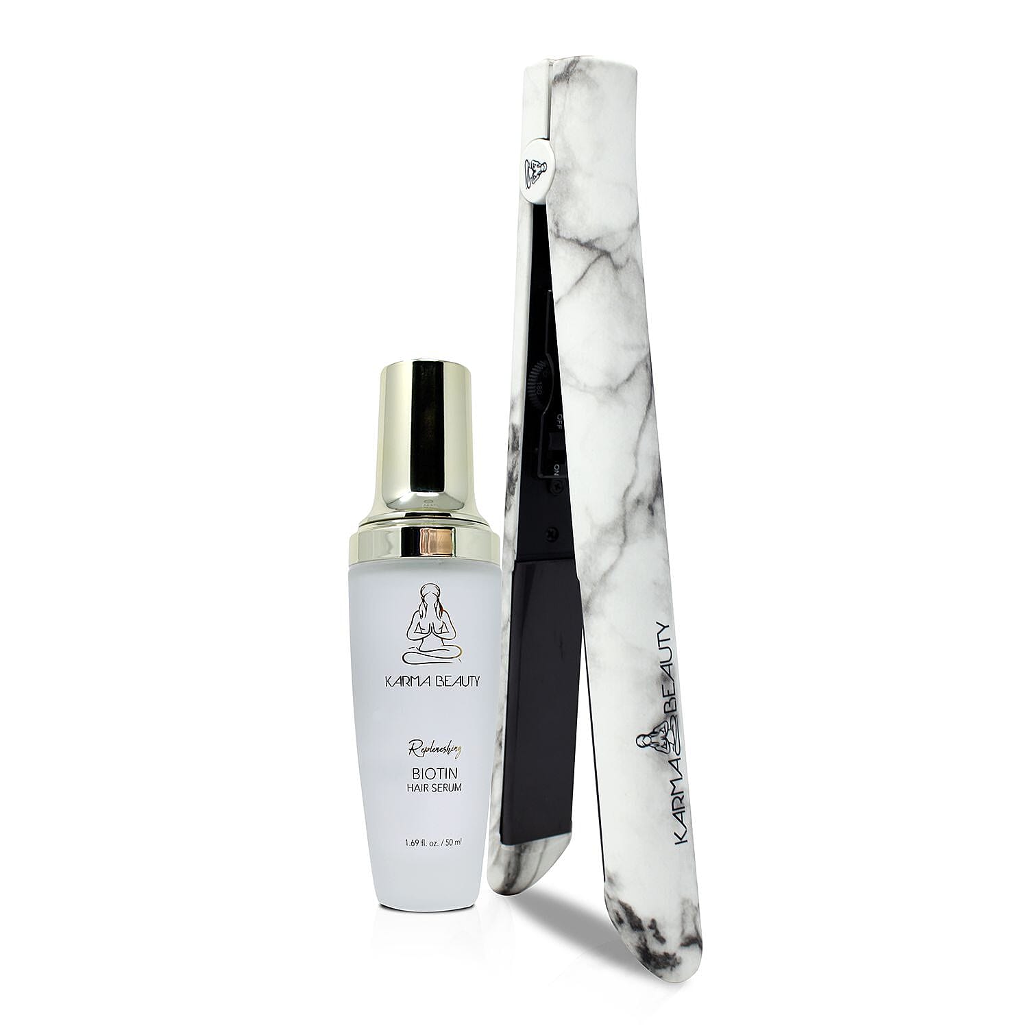 Karma Beauty Supreme Ceramic 2.0 Flat Iron (Marble) and Biotin Hair Serum Bundle