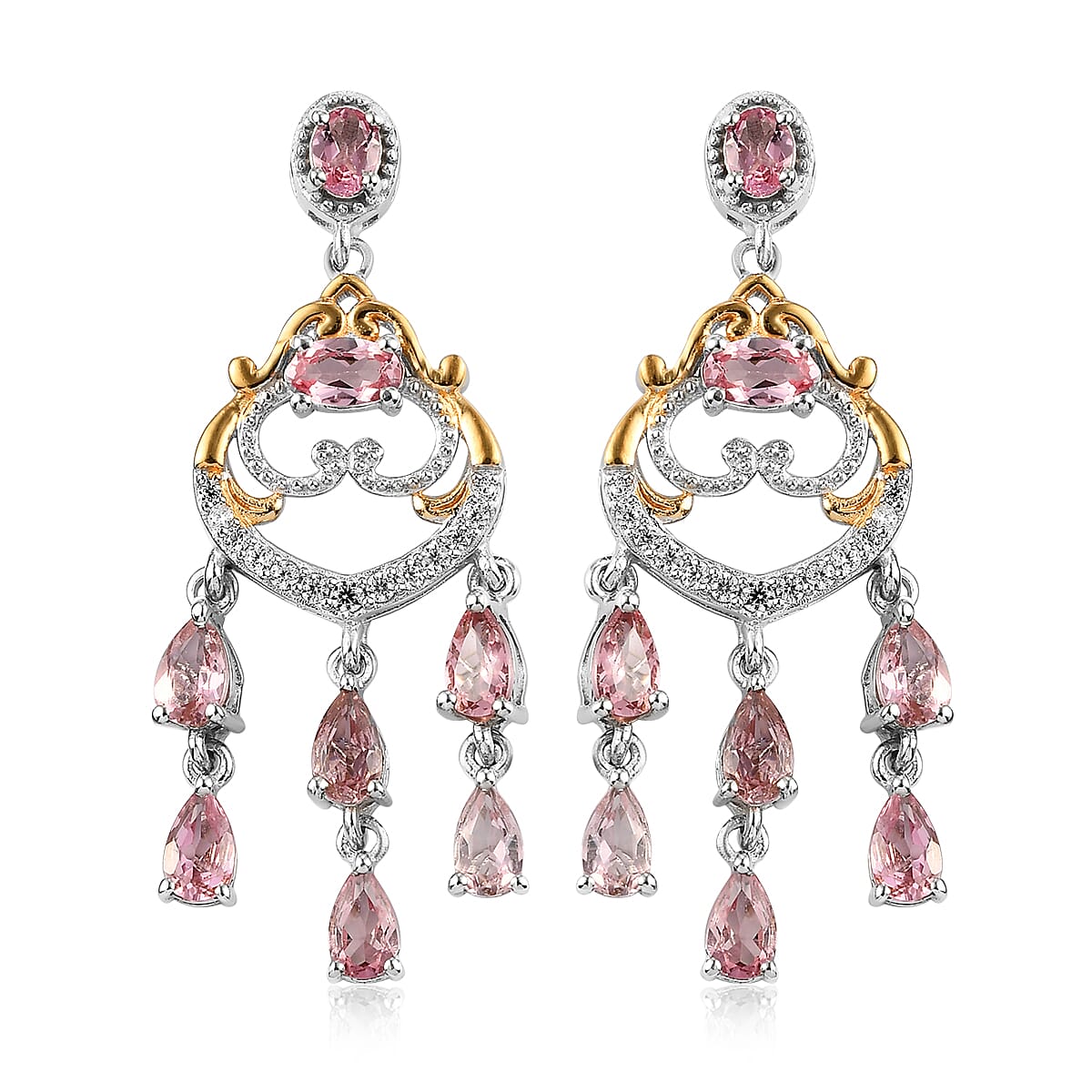 Blush Tourmaline and White Zircon Chandelier Earrings in Vermeil Yellow Gold and Platinum Over Sterling Silver 3.35 ctw