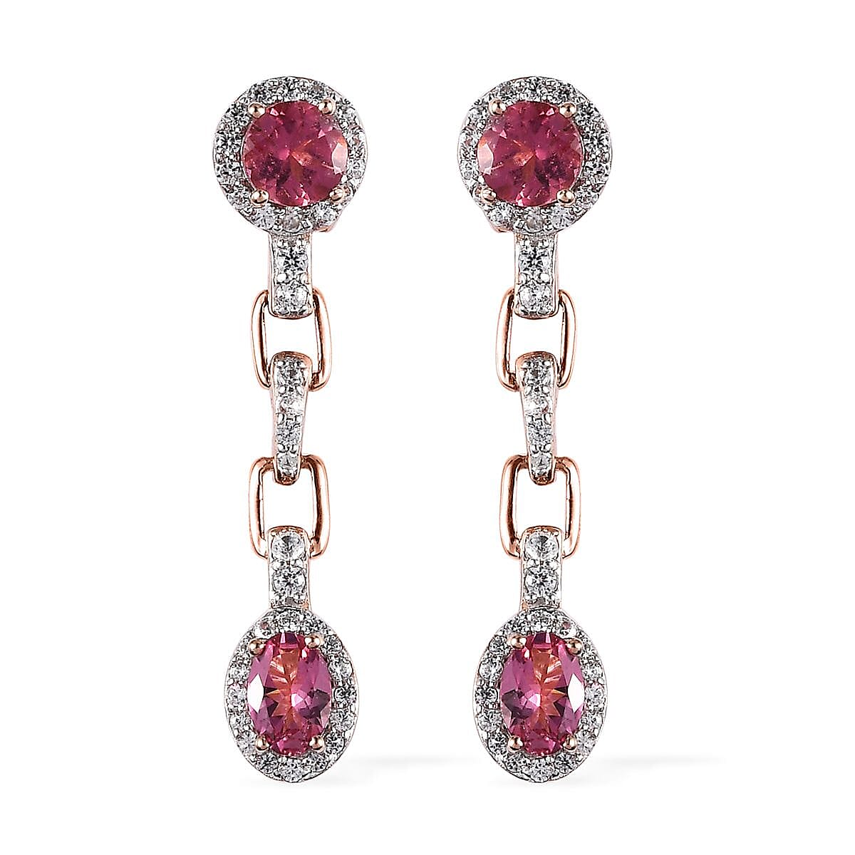 Blush Tourmaline and White Zircon Paperclip Drop Statement Earrings in Vermeil Rose Gold Over Sterling Silver 2.90 ctw
