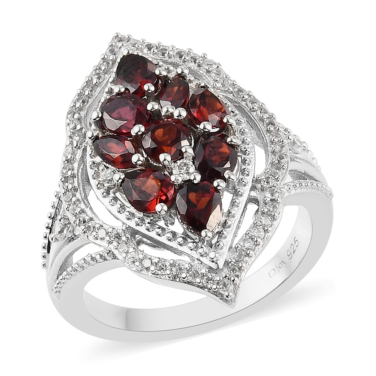 Mozambique Garnet, Natural White Zircon Cluster Ring in Platinum Over Sterling Silver (Size 9.0) 2.25 ctw