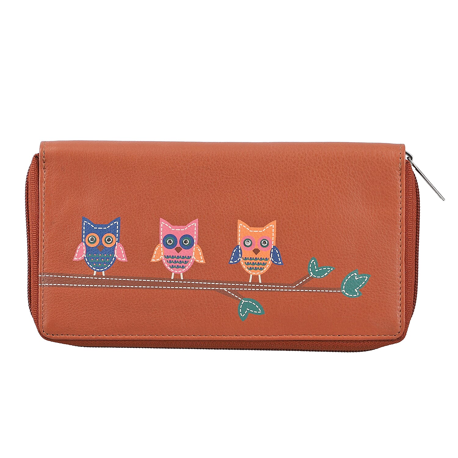 UNION CODE Tan RFID Protected Genuine Leather Owl Family Women's Wallet (7.5"(L)x4.5"(W)x0.5"(H))