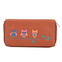 UNION CODE Tan RFID Protected Genuine Leather Owl Family Women's Wallet (7.5"(L)x4.5"(W)x0.5"(H))