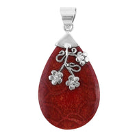 Red Coral Floral Pendant in Sterling Silver