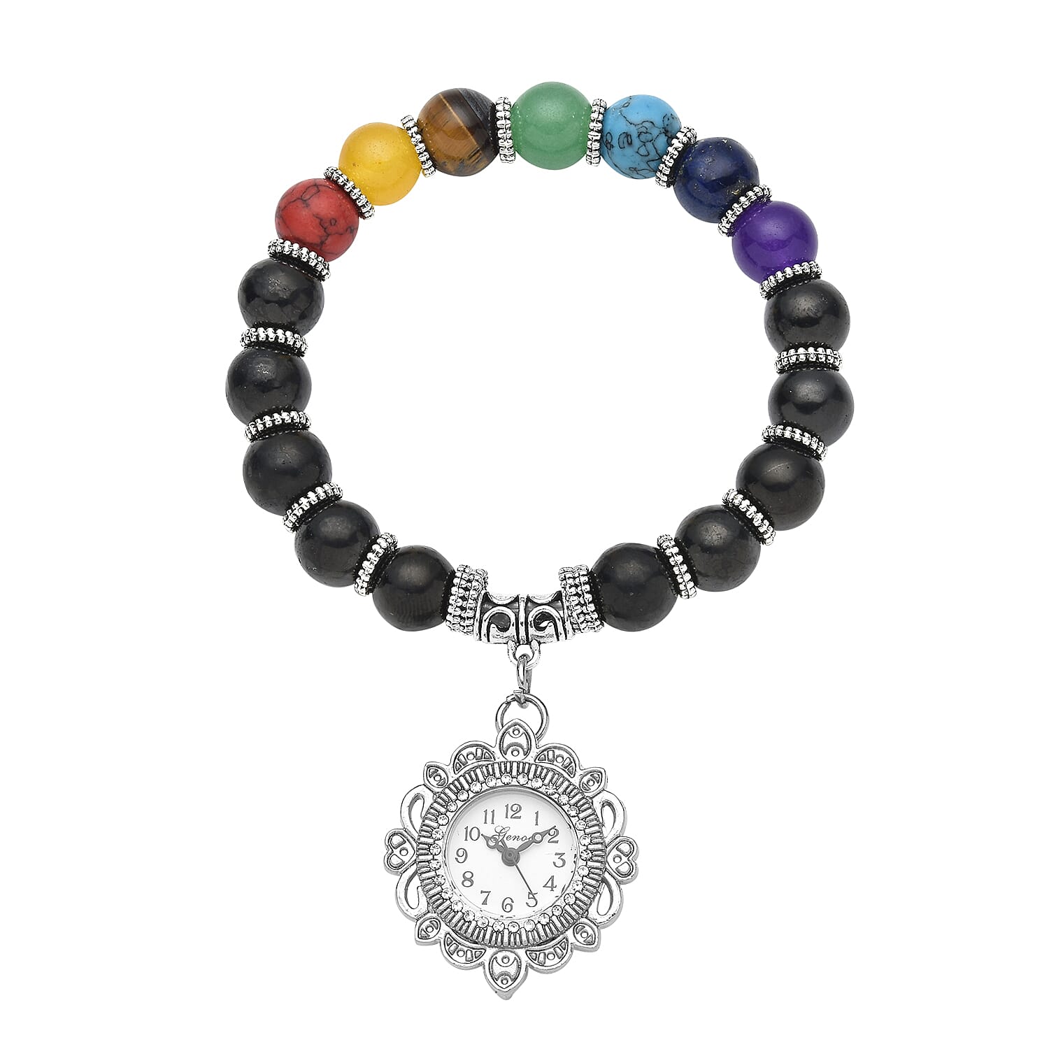 Genoa Japanese Movement Shungite and Seven Chakra Gemstone Beaded Stretch Bracelet Charm Watch 136.00 ctw