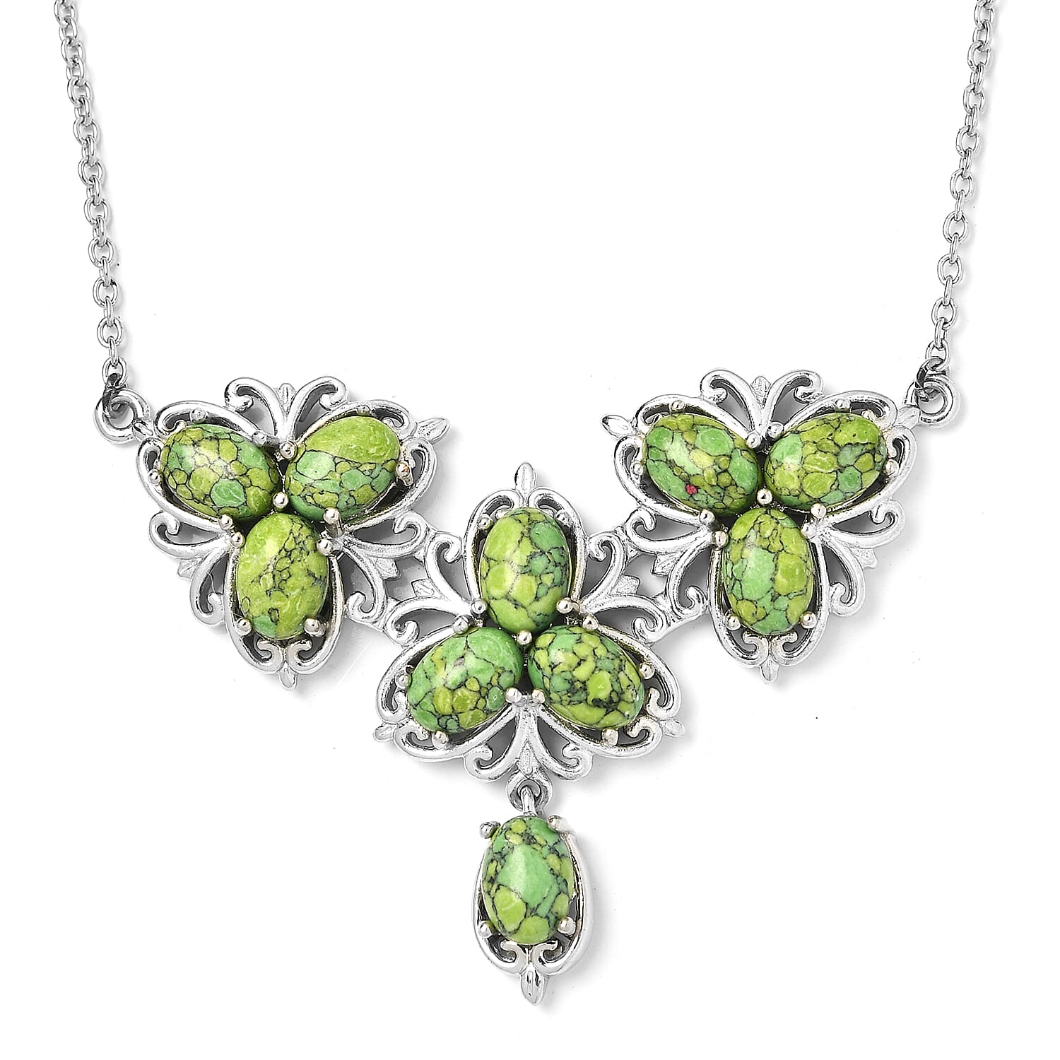 Blue Howlite Floral Necklace 18 Inches in Platinum Over Bronze and Stainless Steel 7.75 ctw