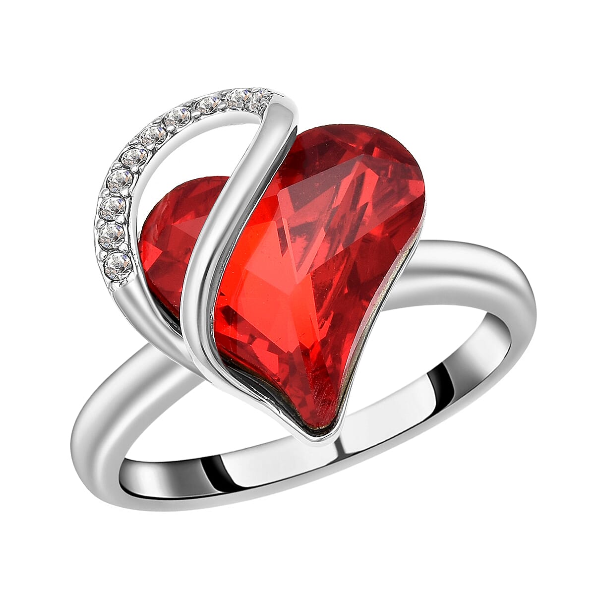Red and White Austrian Crystal Heart Ring in Silvertone
