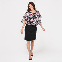 TAMSY Black Floral Dress with Overlay - L