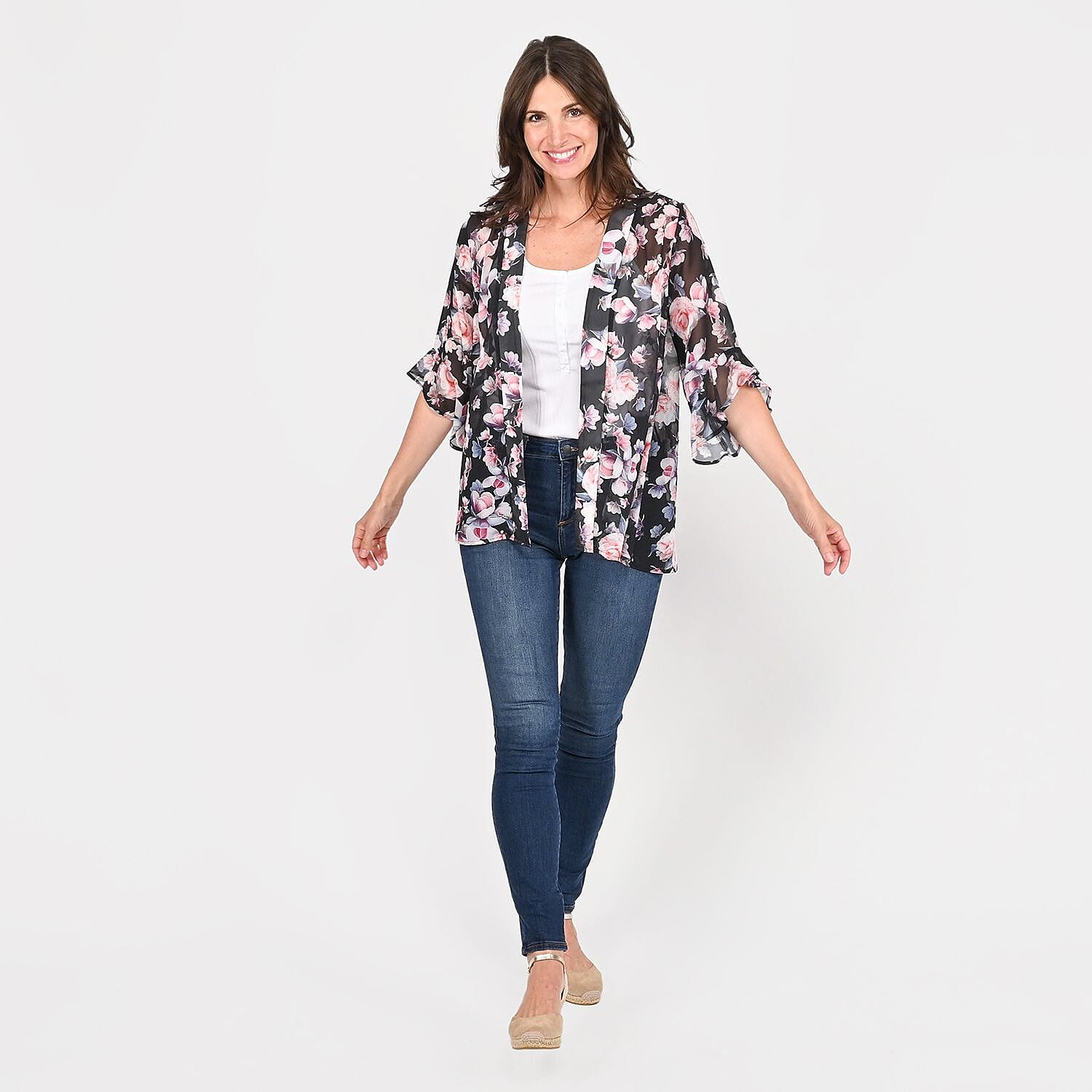 TAMSY Black Floral Flounce Kimono - L