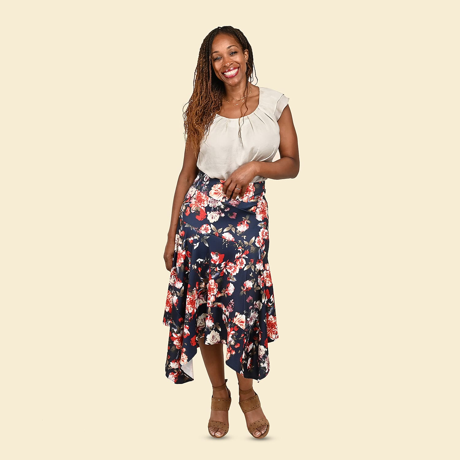 TAMSY Navy and Red Floral Midi Skirt - Small