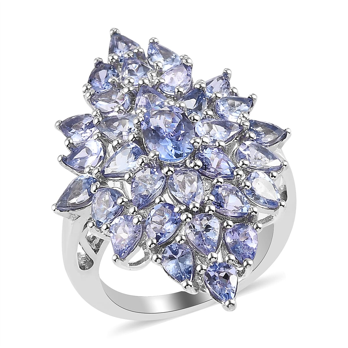 Tanzanite Elongated Cluster Ring in Platinum Over Sterling Silver (Size 10.0) 4.35 ctw