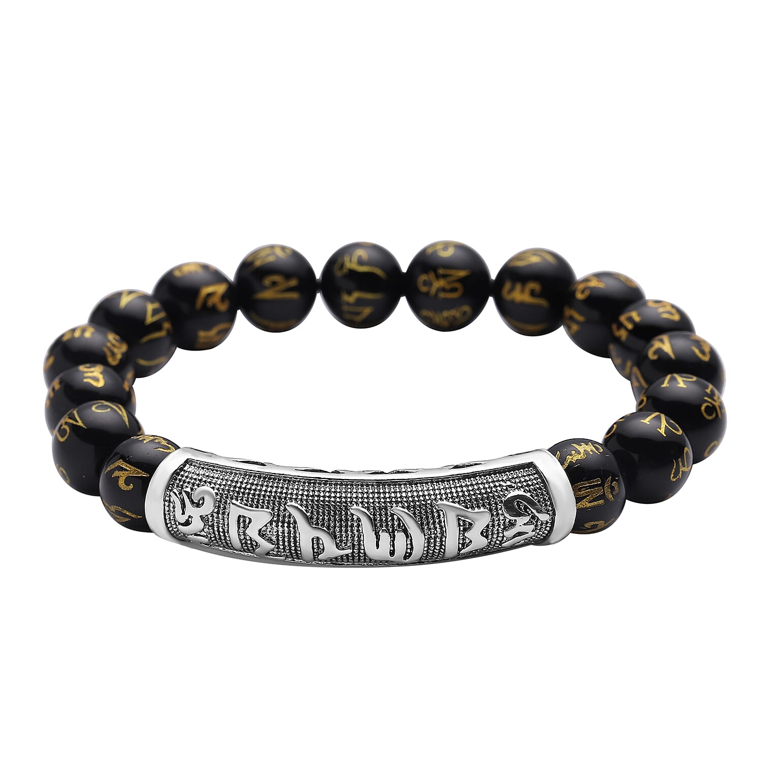 Feng shui Mantra Black Obsidian Carved Beaded Stretch Bracelet in Silvertone 100.00 ctw