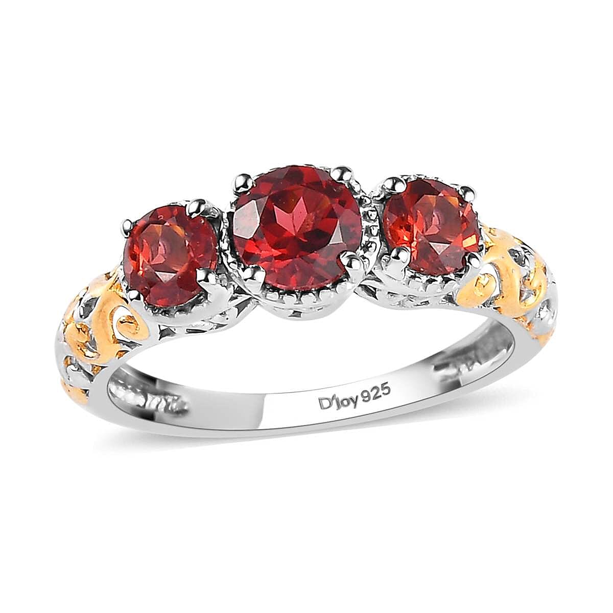 D'Joy Mozambique Garnet 1.25 ctw Trilogy Ring in Vermeil Yellow Gold and Platinum Over Sterling Silver