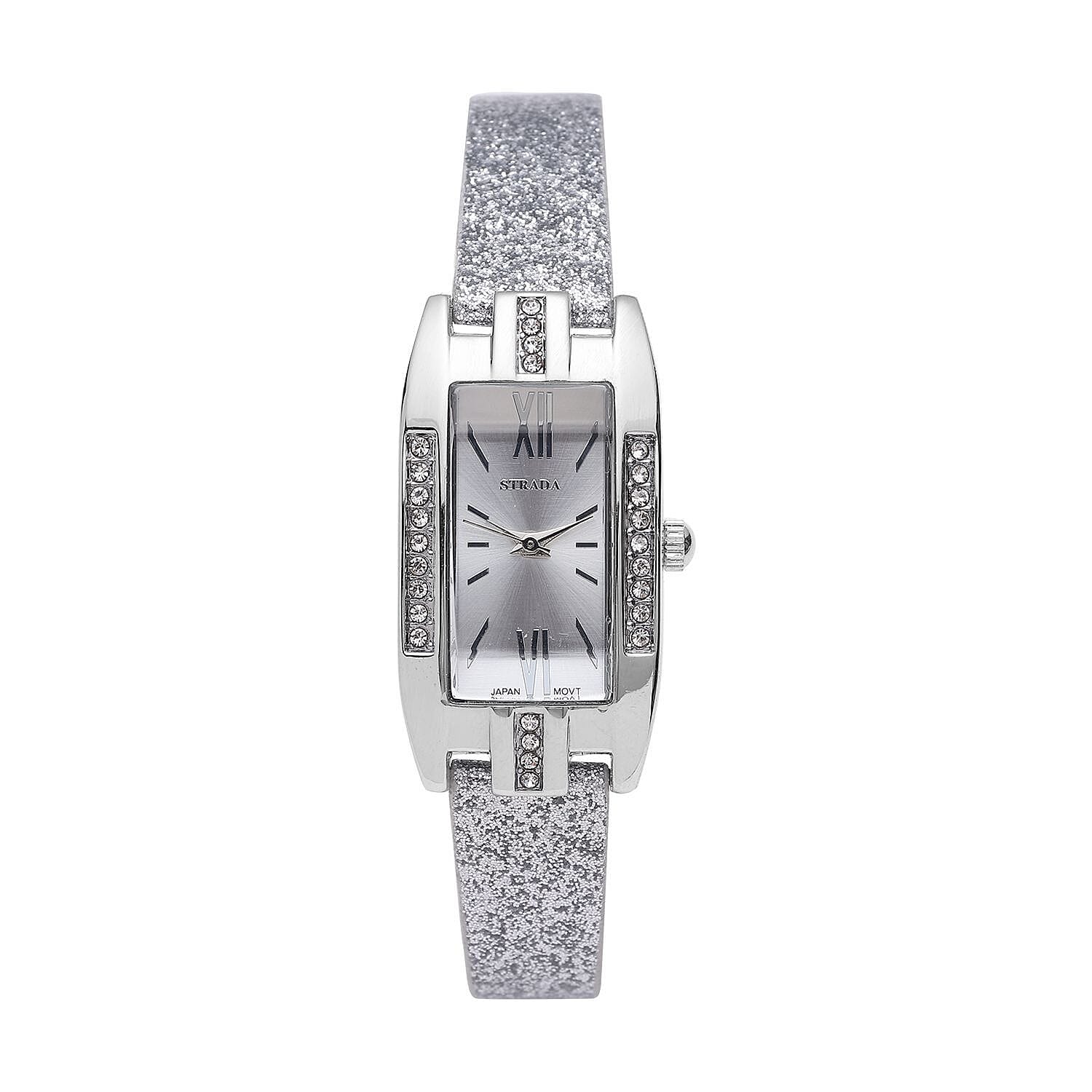 STRADA Austrian Crystal Japanese Movement Rectangular Dial Watch with Silver Stardust Faux Leather Strap (37.84x20.30mm) (5.50-7.70 Inches)