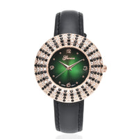 GENOA Natural Thai Black Spinel and Simulated Diamond Miyota Japanese Movement Halo Watch in Rsoetone with Black Genuine Leather Strap 4.00 ctw