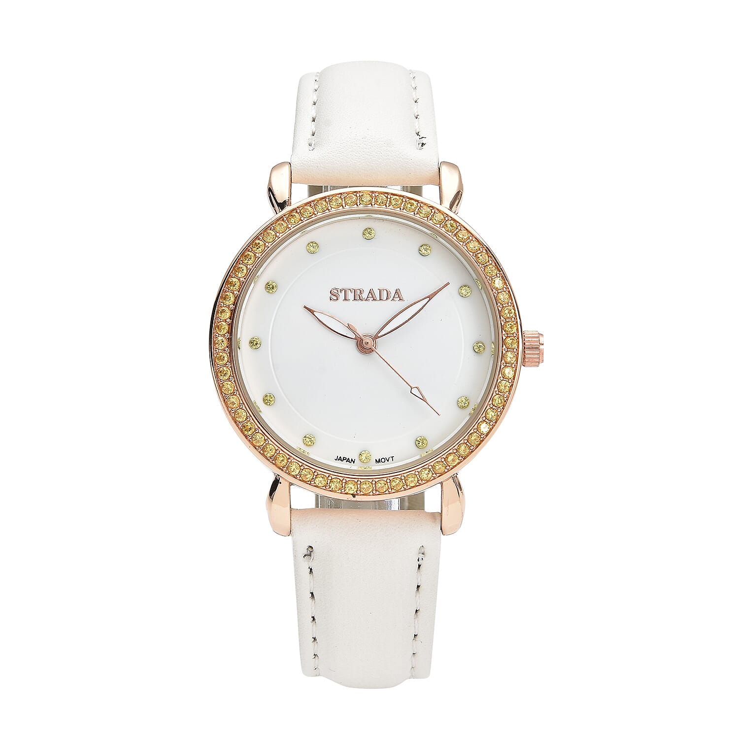STRADA Simulated Yellow Diamond Japanese Movement Watch in Rosetone with White Faux Leather Strap 0.50 ctw