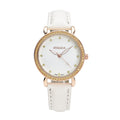STRADA Simulated Yellow Diamond Japanese Movement Watch in Rosetone with White Faux Leather Strap 0.50 ctw - Sticky add to cart bar