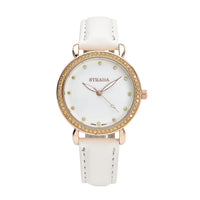 STRADA Simulated Yellow Diamond Japanese Movement Watch in Rosetone with White Faux Leather Strap 0.50 ctw
