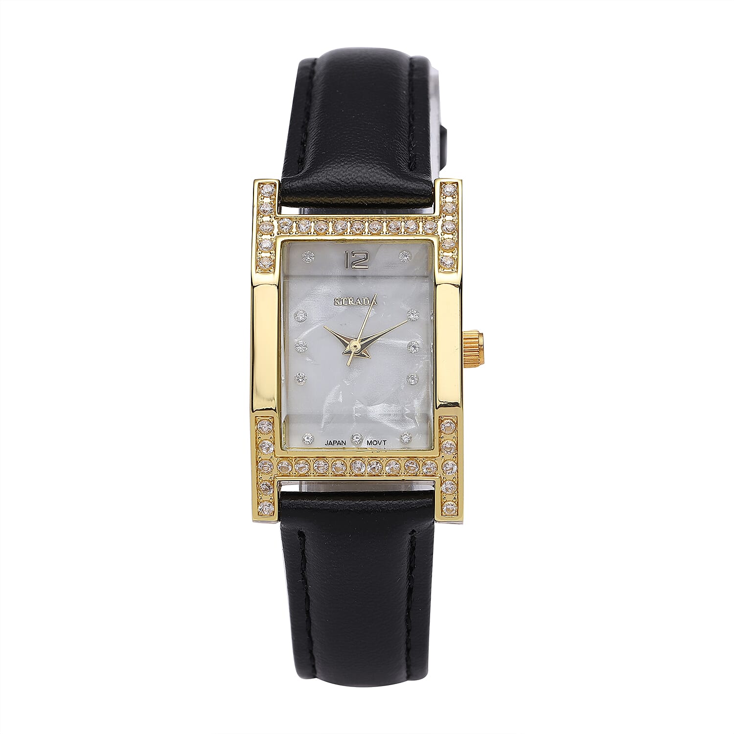 STRADA Simulated Diamond Japanese Movement Watch in Goldtone with Black Faux Leather Strap 0.40 ctw