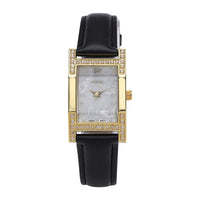 STRADA Simulated Diamond Japanese Movement Watch in Goldtone with Black Faux Leather Strap 0.40 ctw